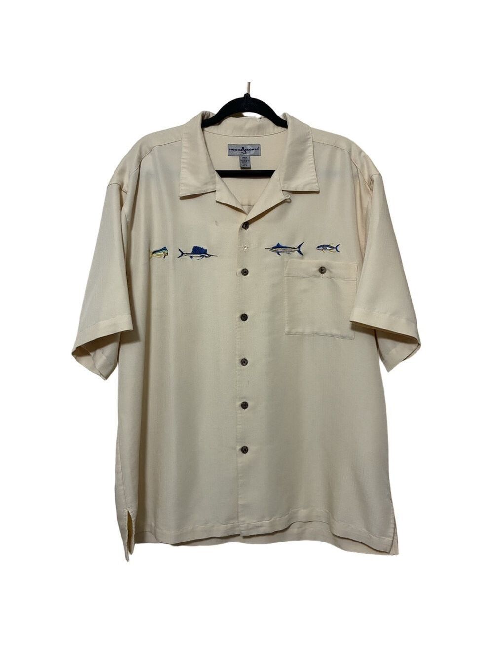 Hook & Tackle Rayon Button Up Shirt Mens XL Yellow Embroidered Fish Short Sleeve